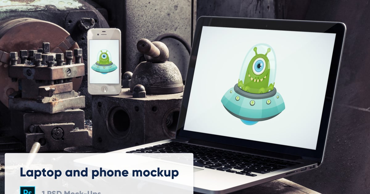 Laptop and Old Phone in Old Factory PSD Mockup（912348）-技能树